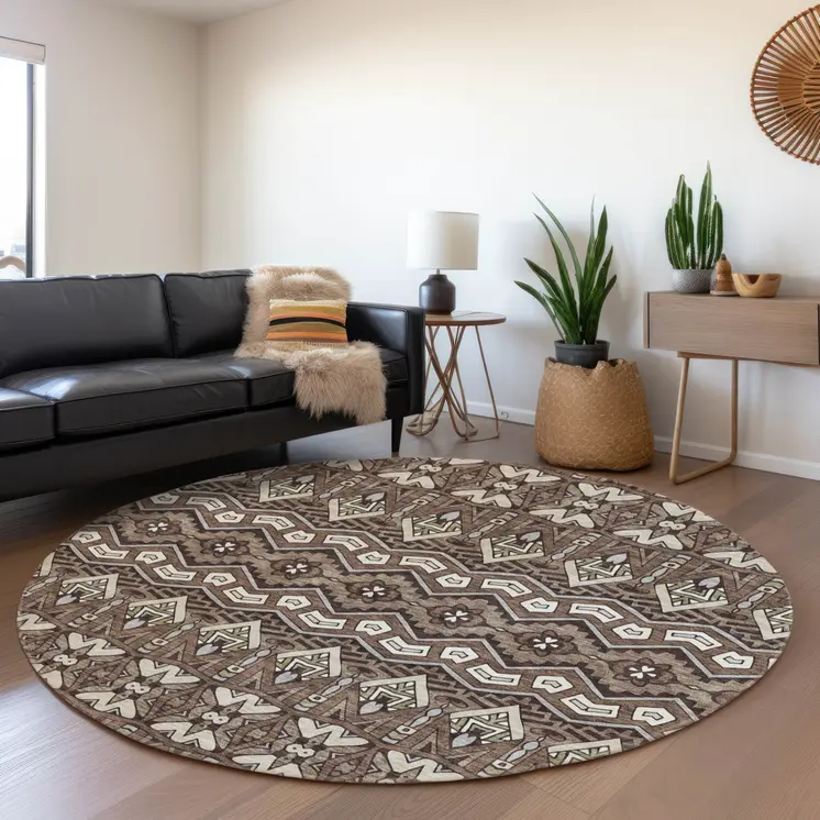 8' Brown Green And Ivory Round Moroccan Washable Indoor Outdoor Area Rug