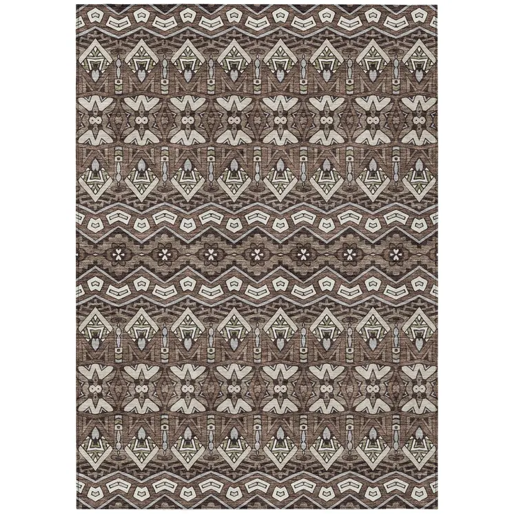 8' X 10' Brown Green And Ivory Moroccan Washable Indoor Outdoor Area Rug