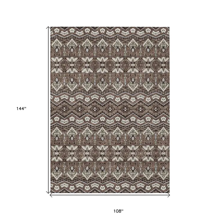 9' X 12' Brown Green And Ivory Moroccan Washable Indoor Outdoor Area Rug