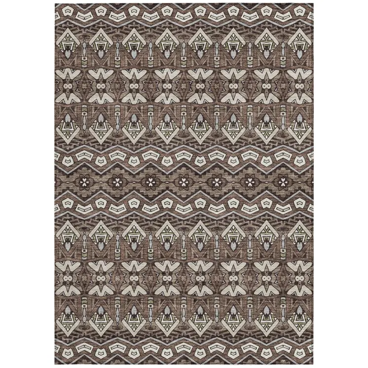 10' X 14' Brown Green And Ivory Moroccan Washable Indoor Outdoor Area Rug