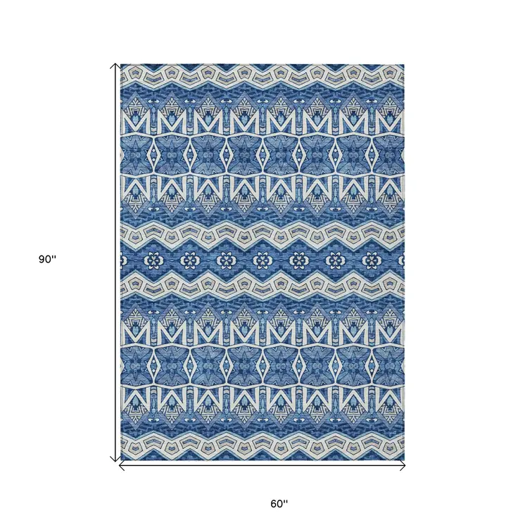 5' X 8' Blue Gray And Ivory Moroccan Washable Indoor Outdoor Area Rug