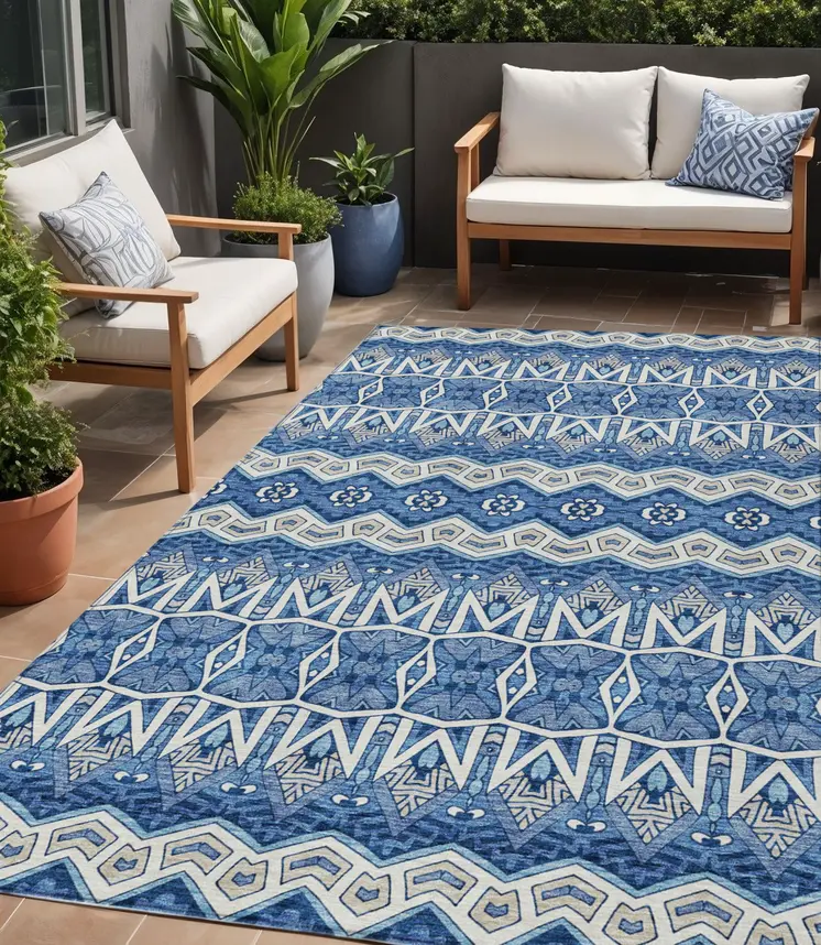 5' X 8' Blue Gray And Ivory Moroccan Washable Indoor Outdoor Area Rug