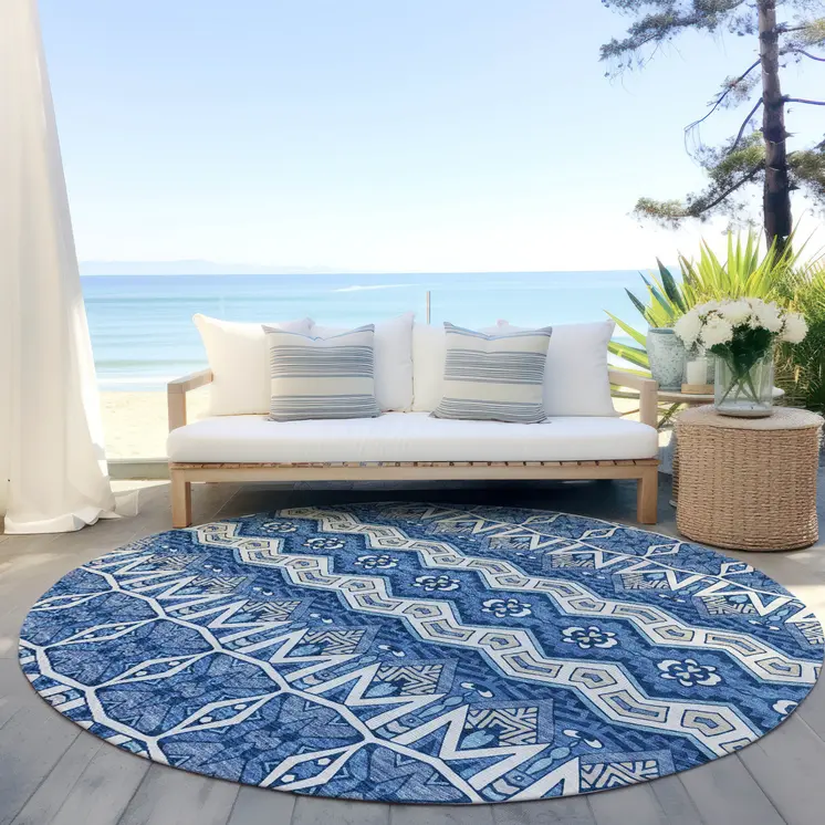 8' Blue Gray And Ivory Round Moroccan Washable Indoor Outdoor Area Rug