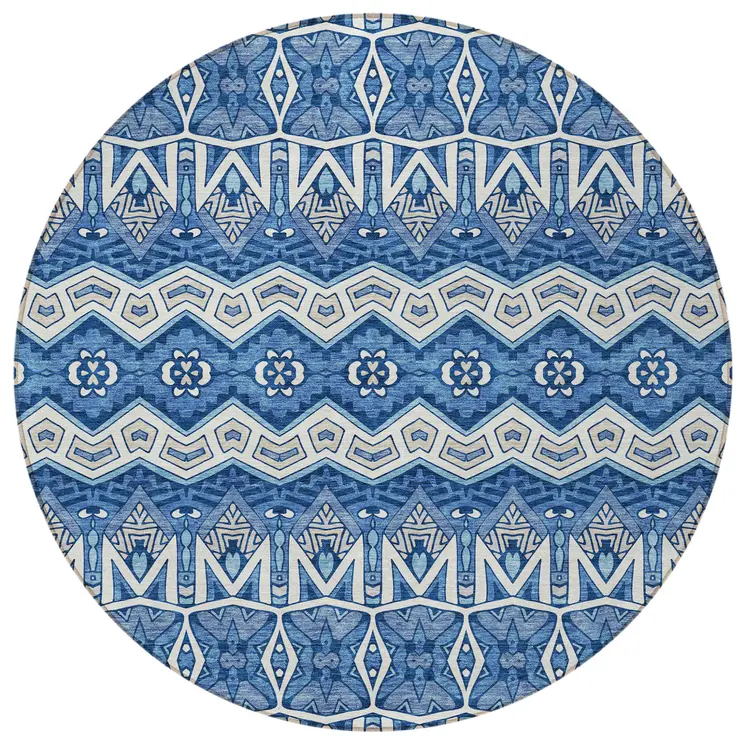 8' Blue Gray And Ivory Round Moroccan Washable Indoor Outdoor Area Rug