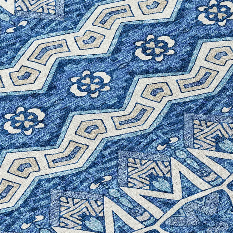 8' Blue Gray And Ivory Round Moroccan Washable Indoor Outdoor Area Rug