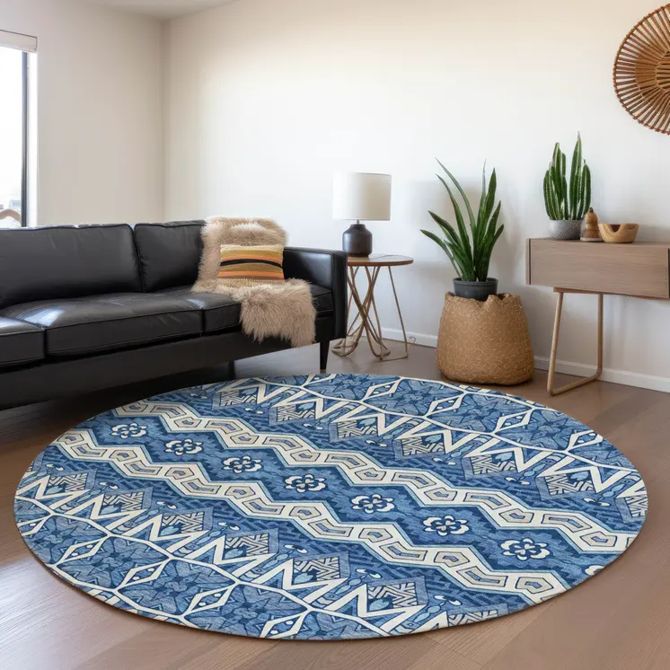 8' Blue Gray And Ivory Round Moroccan Washable Indoor Outdoor Area Rug