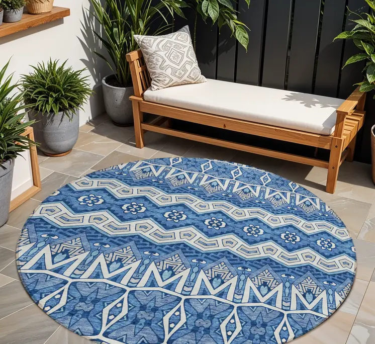 8' Blue Gray And Ivory Round Moroccan Washable Indoor Outdoor Area Rug