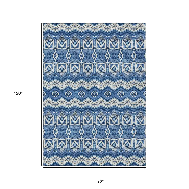 8' X 10' Blue Gray And Ivory Moroccan Washable Indoor Outdoor Area Rug