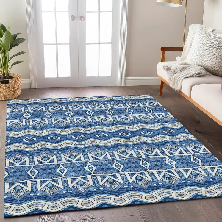 8' X 10' Blue Gray And Ivory Moroccan Washable Indoor Outdoor Area Rug