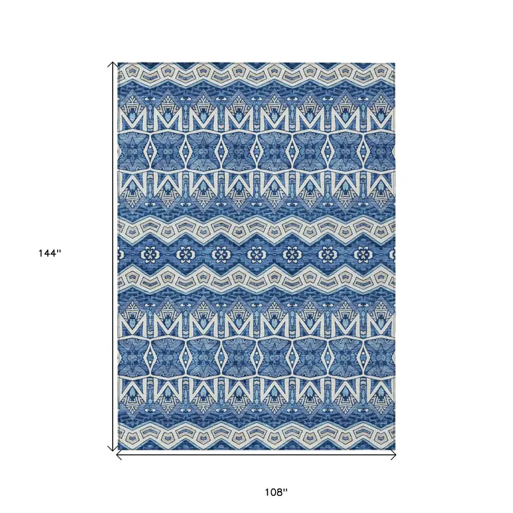 9' X 12' Blue Gray And Ivory Moroccan Washable Indoor Outdoor Area Rug
