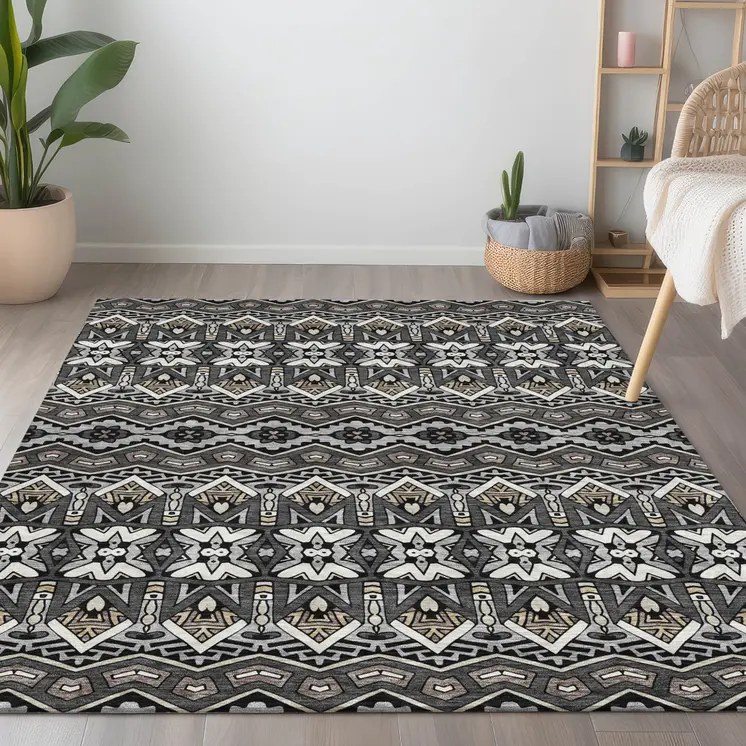 3' X 5' Charcoal Brown And Ivory Moroccan Washable Indoor Outdoor Area Rug