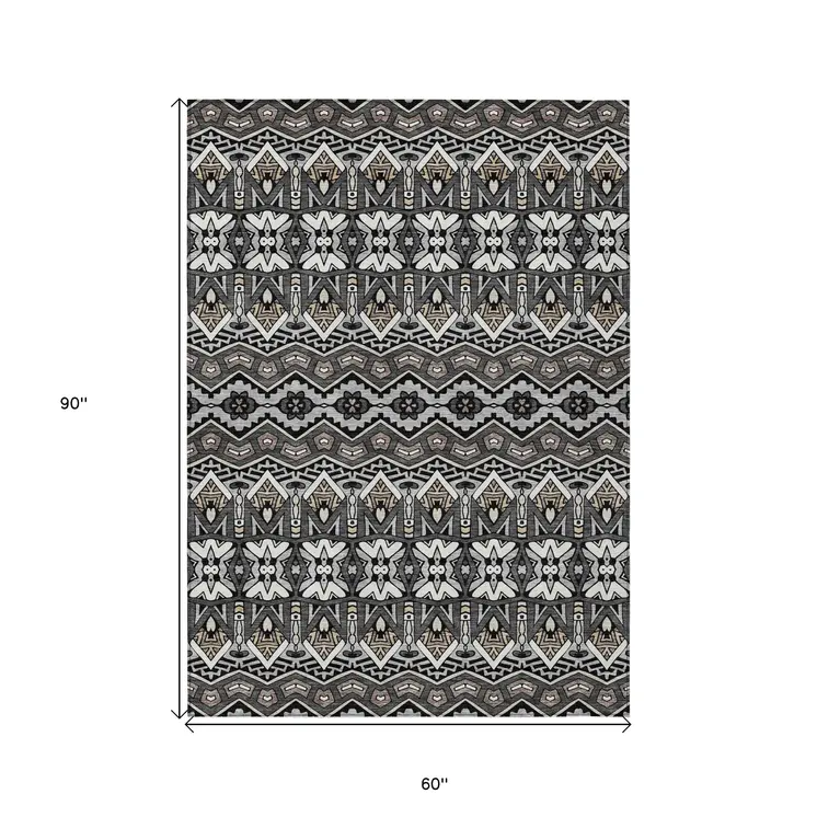 5' X 8' Charcoal Brown And Ivory Moroccan Washable Indoor Outdoor Area Rug