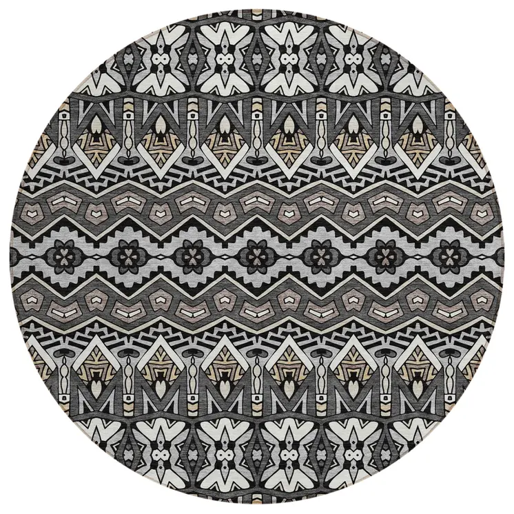 8' Charcoal Brown And Ivory Round Moroccan Washable Indoor Outdoor Area Rug