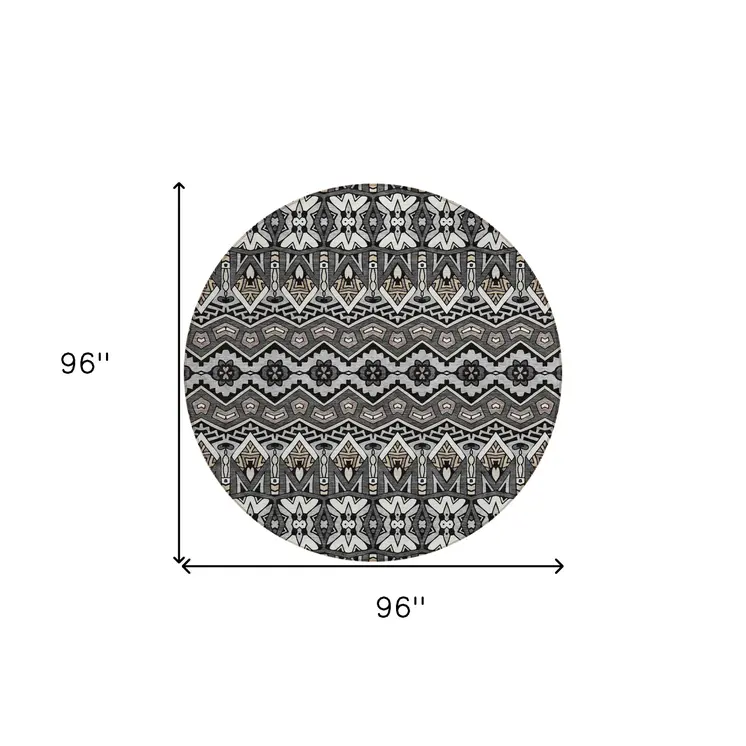 8' Charcoal Brown And Ivory Round Moroccan Washable Indoor Outdoor Area Rug