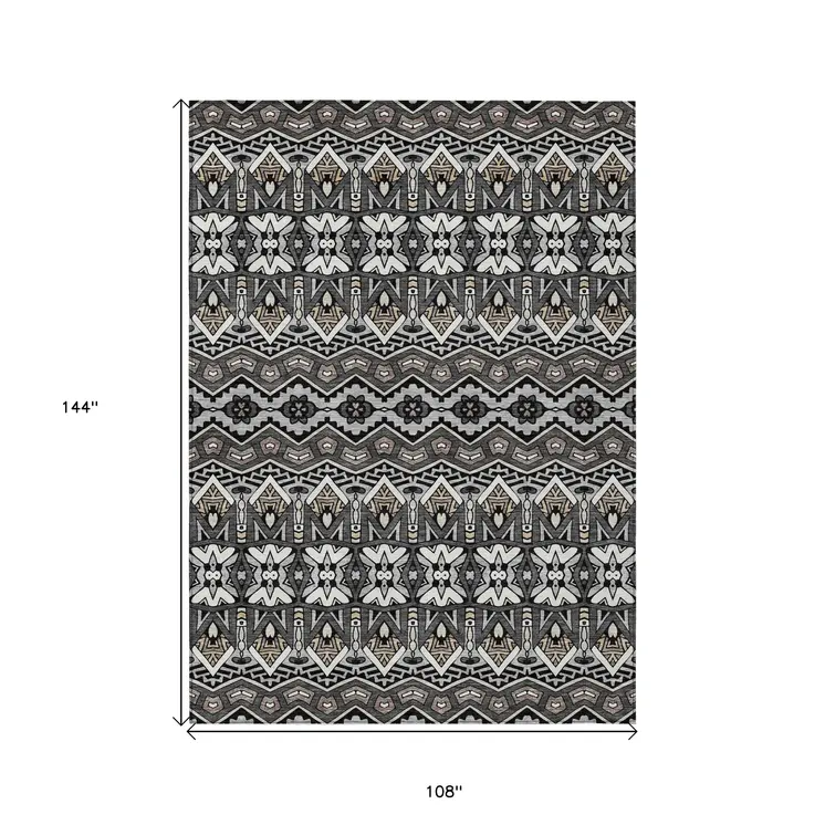 9' X 12' Charcoal Brown And Ivory Moroccan Washable Indoor Outdoor Area Rug