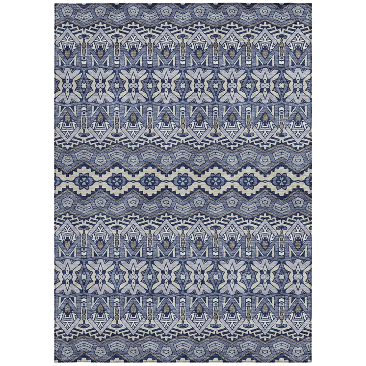 3' X 5' Denim Blue And Ivory Moroccan Washable Indoor Outdoor Area Rug