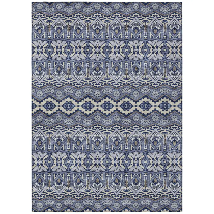 3' X 5' Denim Blue And Ivory Moroccan Washable Indoor Outdoor Area Rug