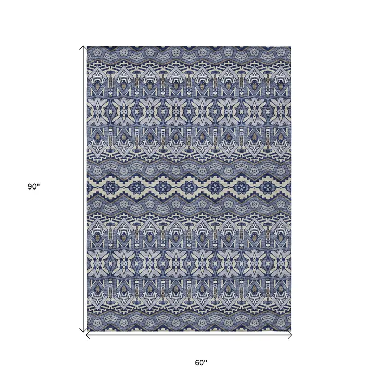 5' X 8' Denim Blue And Ivory Moroccan Washable Indoor Outdoor Area Rug