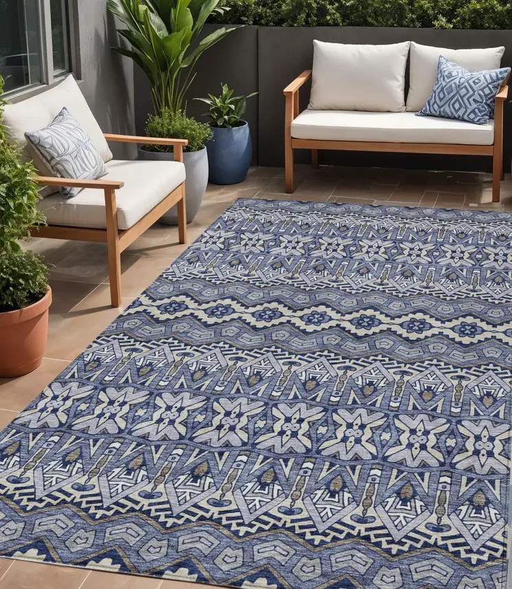 5' X 8' Denim Blue And Ivory Moroccan Washable Indoor Outdoor Area Rug