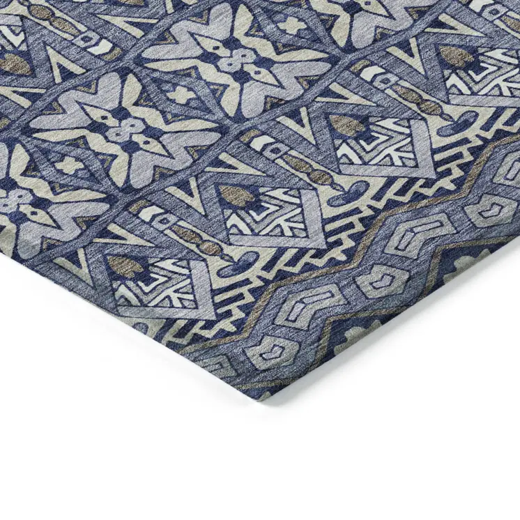 5' X 8' Denim Blue And Ivory Moroccan Washable Indoor Outdoor Area Rug