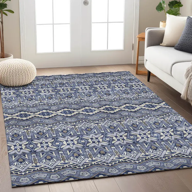 5' X 8' Denim Blue And Ivory Moroccan Washable Indoor Outdoor Area Rug