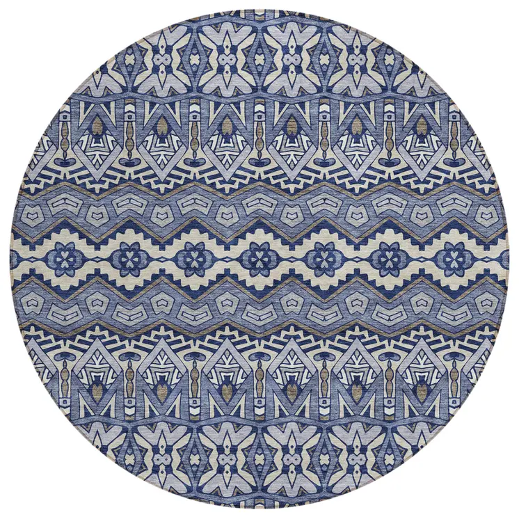 8' Denim Blue And Ivory Round Moroccan Washable Indoor Outdoor Area Rug