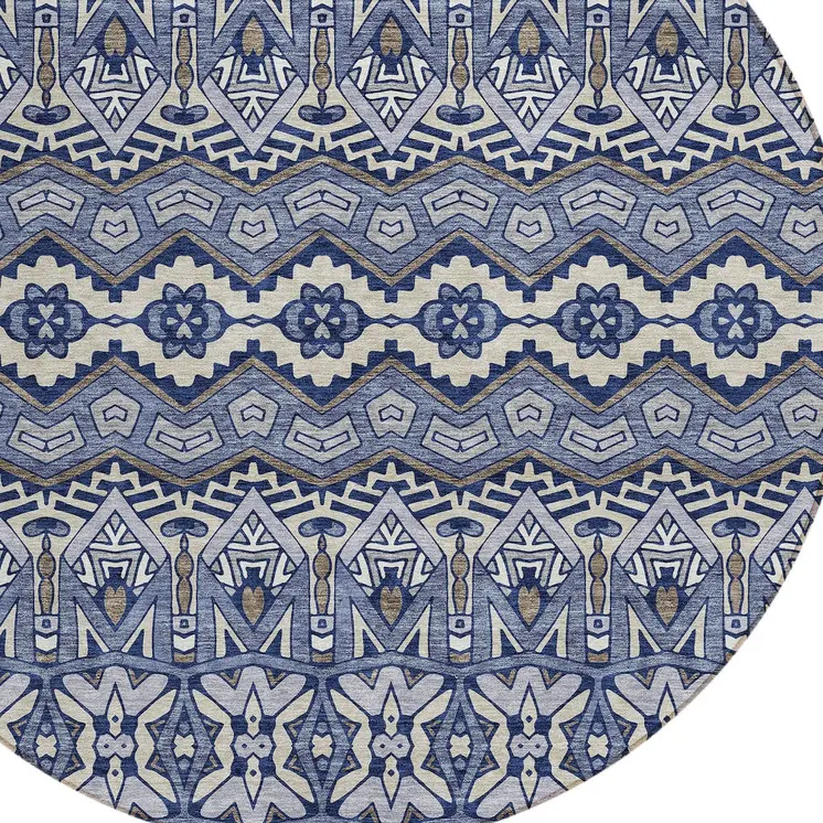 8' Denim Blue And Ivory Round Moroccan Washable Indoor Outdoor Area Rug