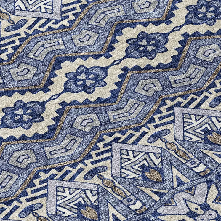 8' Denim Blue And Ivory Round Moroccan Washable Indoor Outdoor Area Rug
