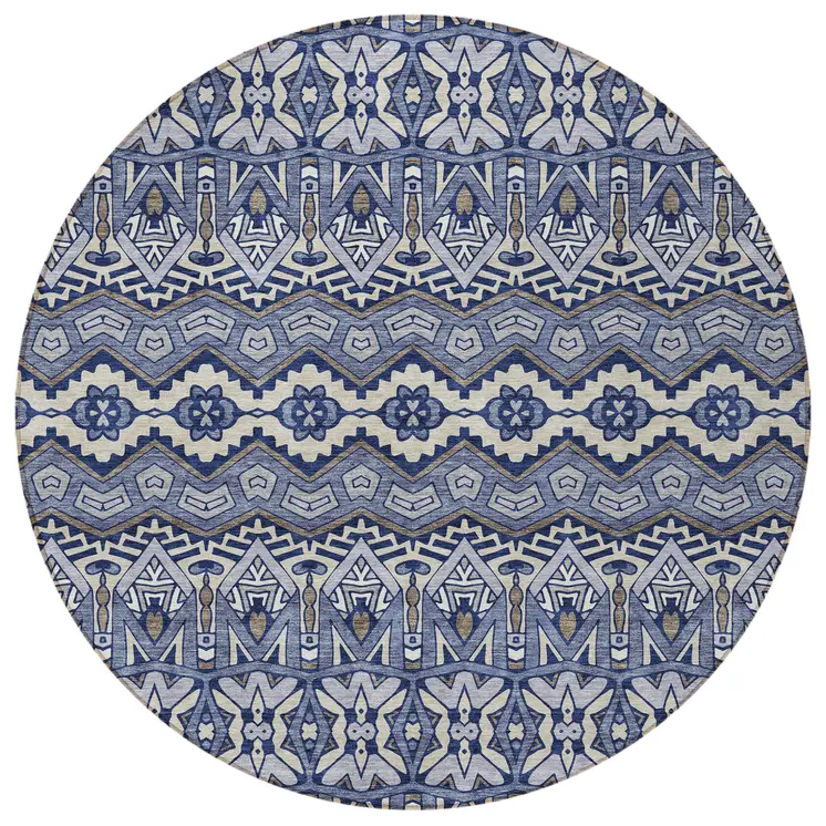 8' Denim Blue And Ivory Round Moroccan Washable Indoor Outdoor Area Rug