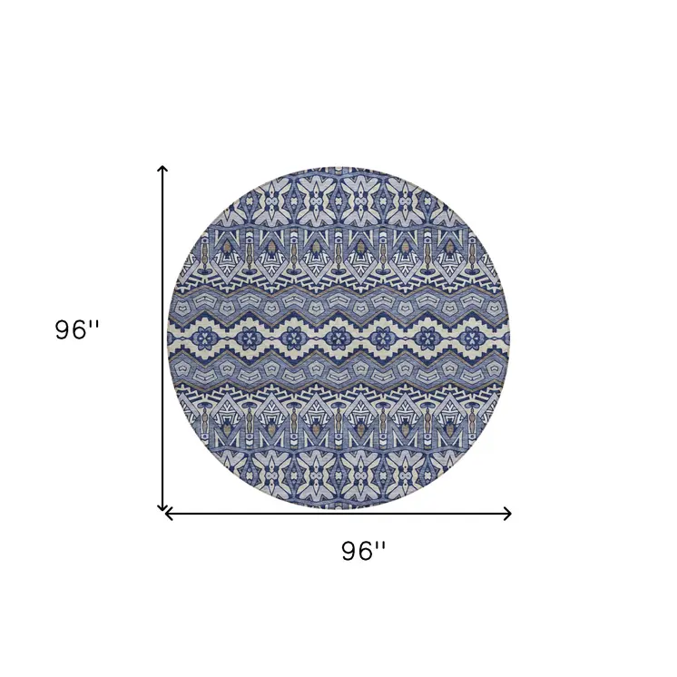 8' Denim Blue And Ivory Round Moroccan Washable Indoor Outdoor Area Rug