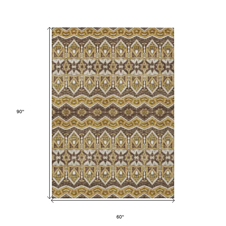 5' X 8' Gold Brown And Beige Moroccan Washable Indoor Outdoor Area Rug