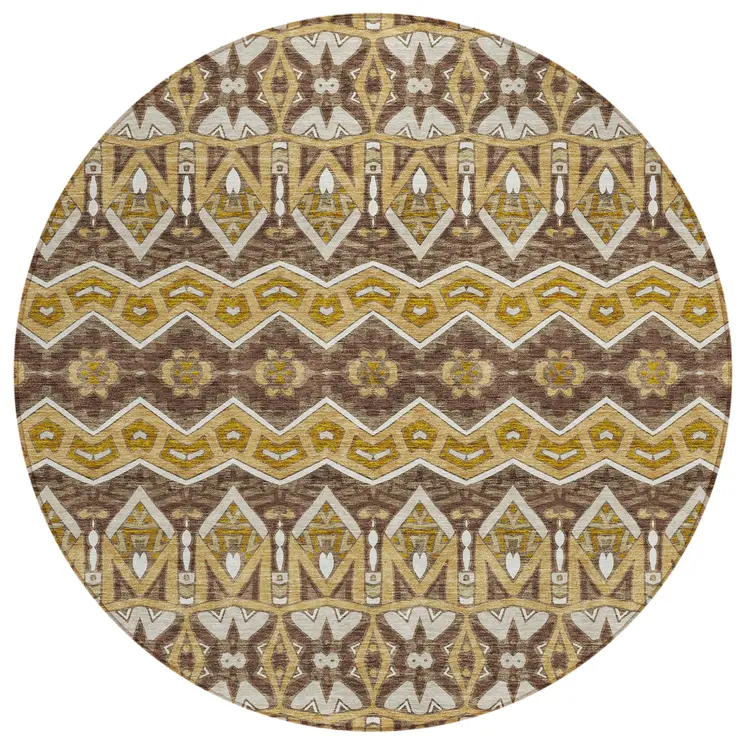 8' Gold Brown And Beige Round Moroccan Washable Indoor Outdoor Area Rug