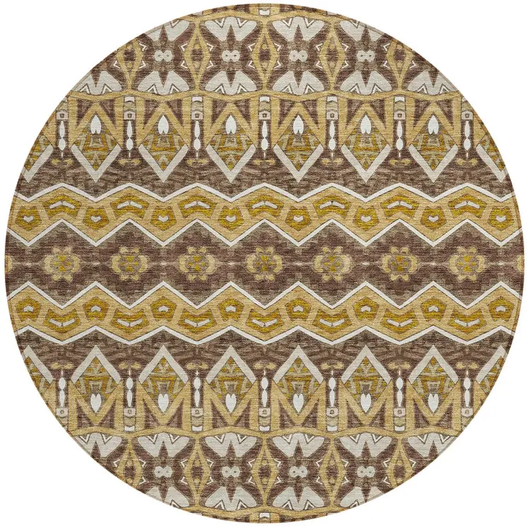 8' Gold Brown And Beige Round Moroccan Washable Indoor Outdoor Area Rug