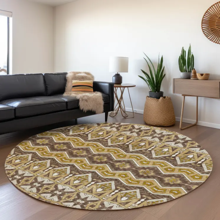 8' Gold Brown And Beige Round Moroccan Washable Indoor Outdoor Area Rug