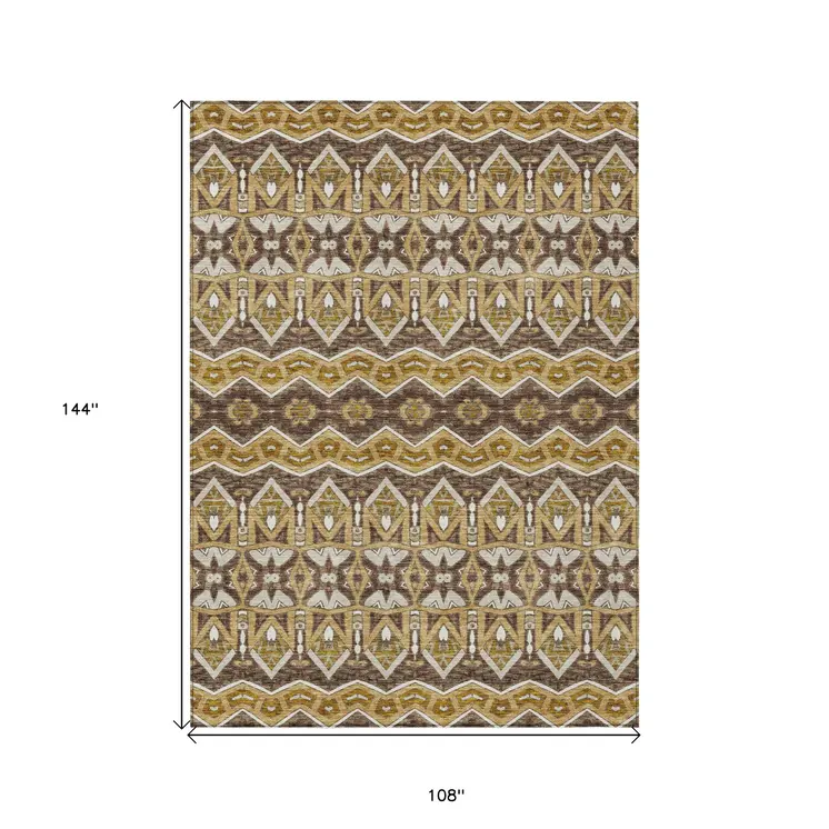 9' X 12' Gold Brown And Beige Moroccan Washable Indoor Outdoor Area Rug