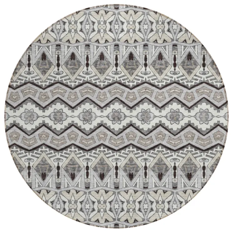 8' Gray Brown And Ivory Round Moroccan Washable Indoor Outdoor Area Rug