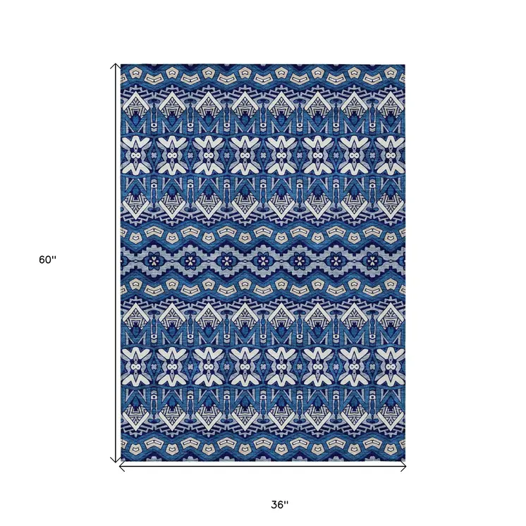 3' X 5' Navy Blue And Ivory Moroccan Washable Indoor Outdoor Area Rug