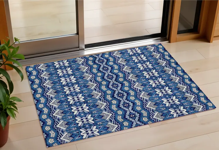 3' X 5' Navy Blue And Ivory Moroccan Washable Indoor Outdoor Area Rug