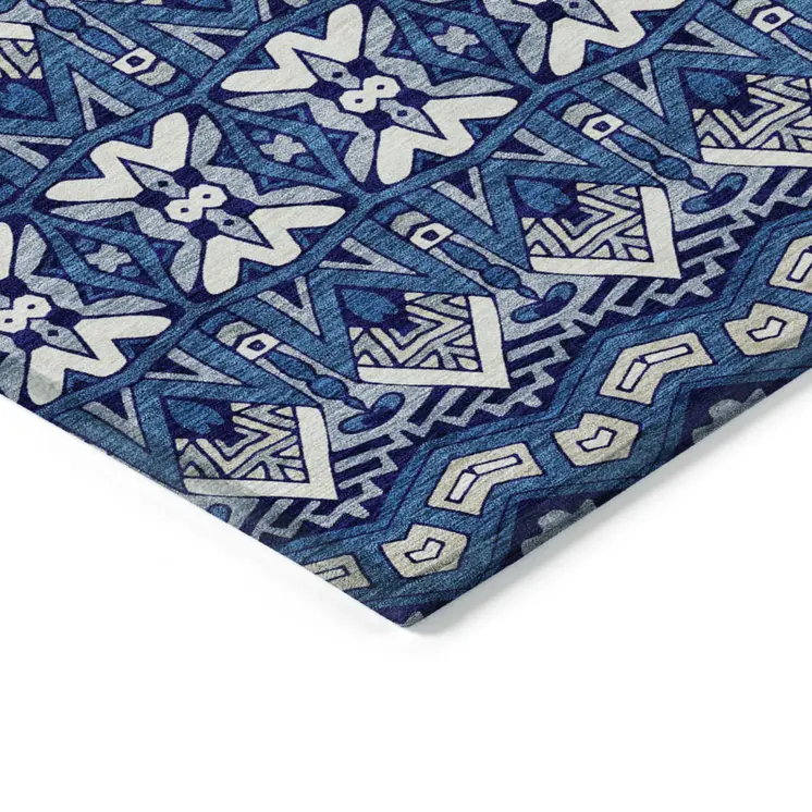 3' X 5' Navy Blue And Ivory Moroccan Washable Indoor Outdoor Area Rug