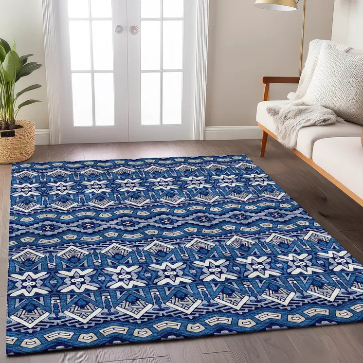 3' X 5' Navy Blue And Ivory Moroccan Washable Indoor Outdoor Area Rug