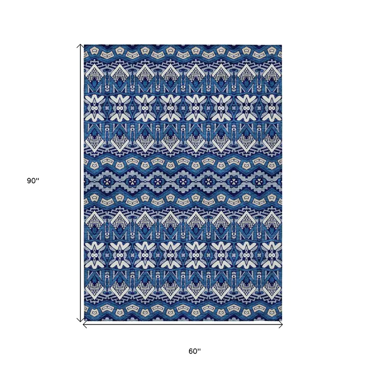 5' X 8' Navy Blue And Ivory Moroccan Washable Indoor Outdoor Area Rug