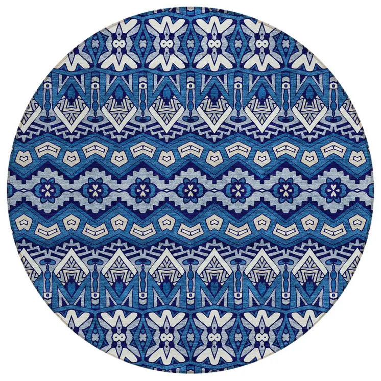 8' Navy Blue And Ivory Round Moroccan Washable Indoor Outdoor Area Rug