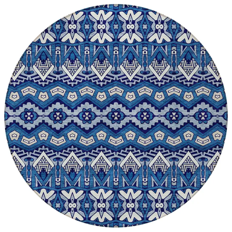8' Navy Blue And Ivory Round Moroccan Washable Indoor Outdoor Area Rug