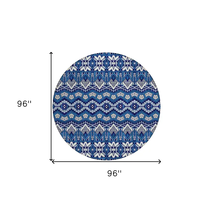 8' Navy Blue And Ivory Round Moroccan Washable Indoor Outdoor Area Rug