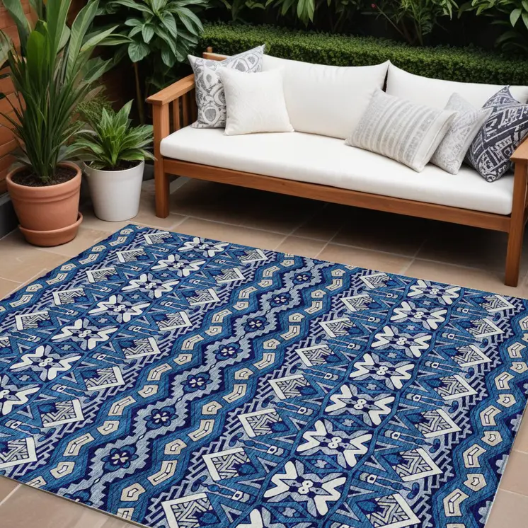 8' X 10' Navy Blue And Ivory Moroccan Washable Indoor Outdoor Area Rug