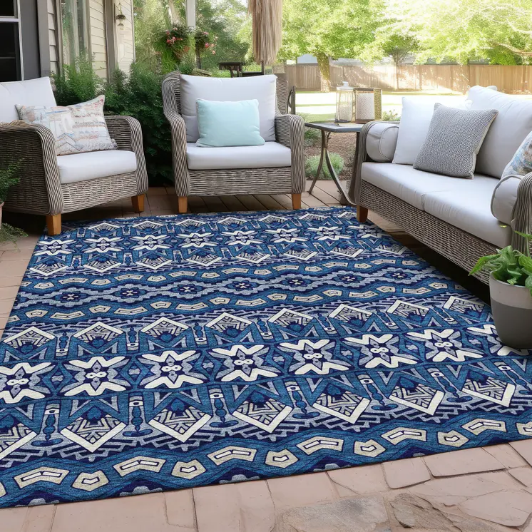 8' X 10' Navy Blue And Ivory Moroccan Washable Indoor Outdoor Area Rug