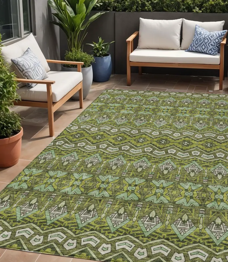 5' X 8' Olive Green Purple And Ivory Moroccan Washable Indoor Outdoor Area Rug