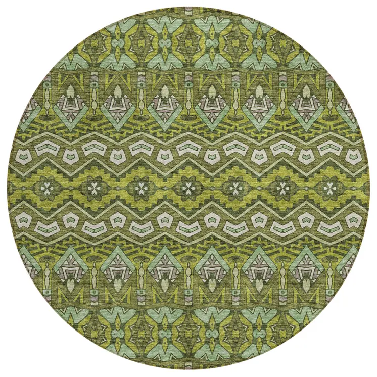 8' Olive Green Purple And Ivory Round Moroccan Washable Indoor Outdoor Area Rug