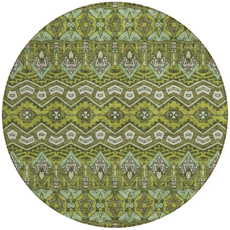 8' Olive Green Purple And Ivory Round Moroccan Washable Indoor Outdoor Area Rug