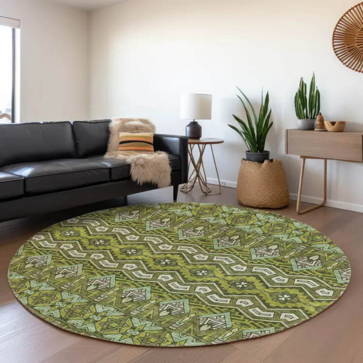 8' Olive Green Purple And Ivory Round Moroccan Washable Indoor Outdoor Area Rug
